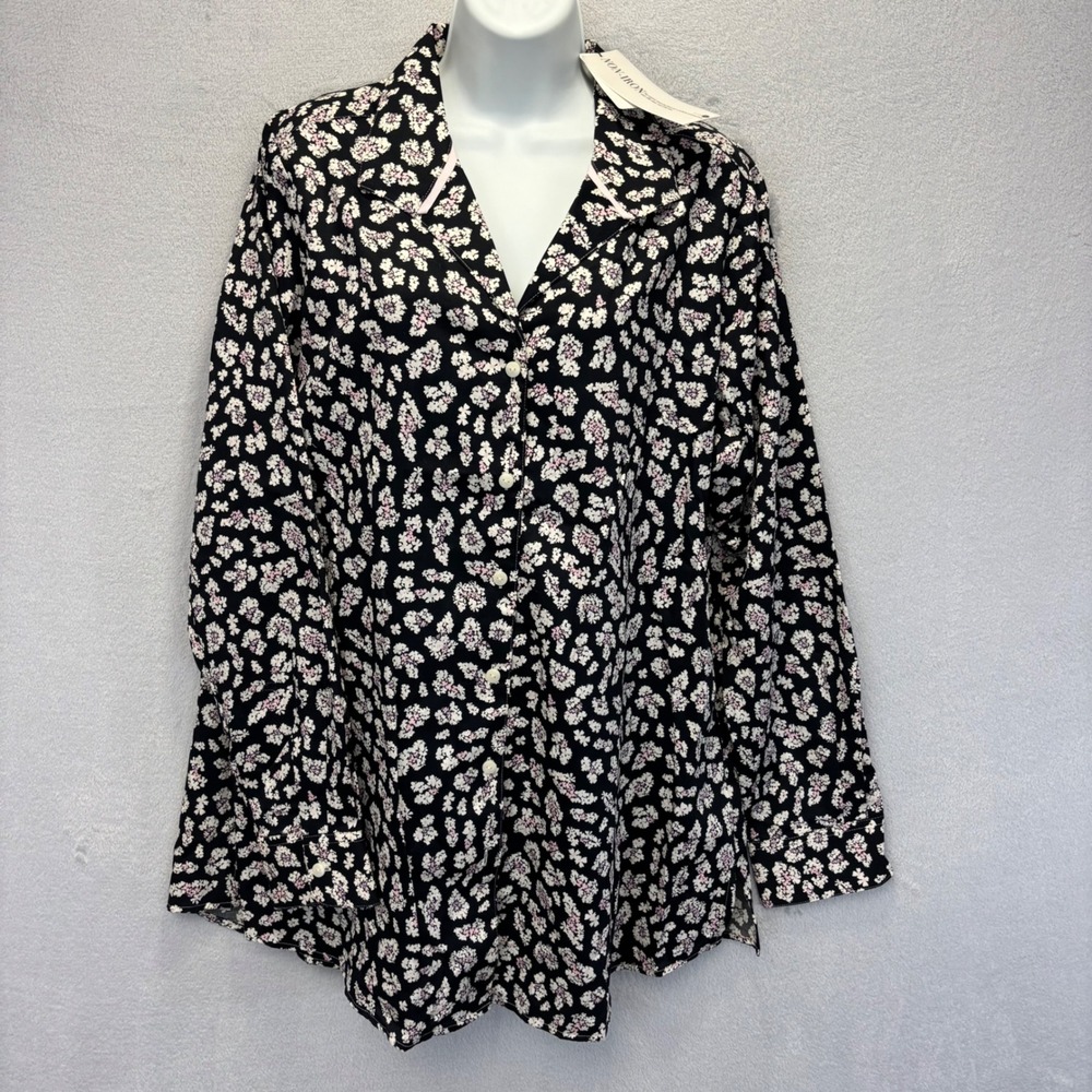 NWT Foxcroft Lucca Non-Iron Button Down Shirt Women 16 Black Floral Long Sleeve